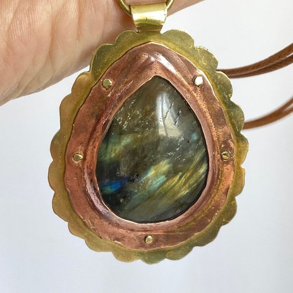 Labradorite Brutalist Handmade Cold Connections Copper and Brass Pendant Necklac - Picture 5 of 9